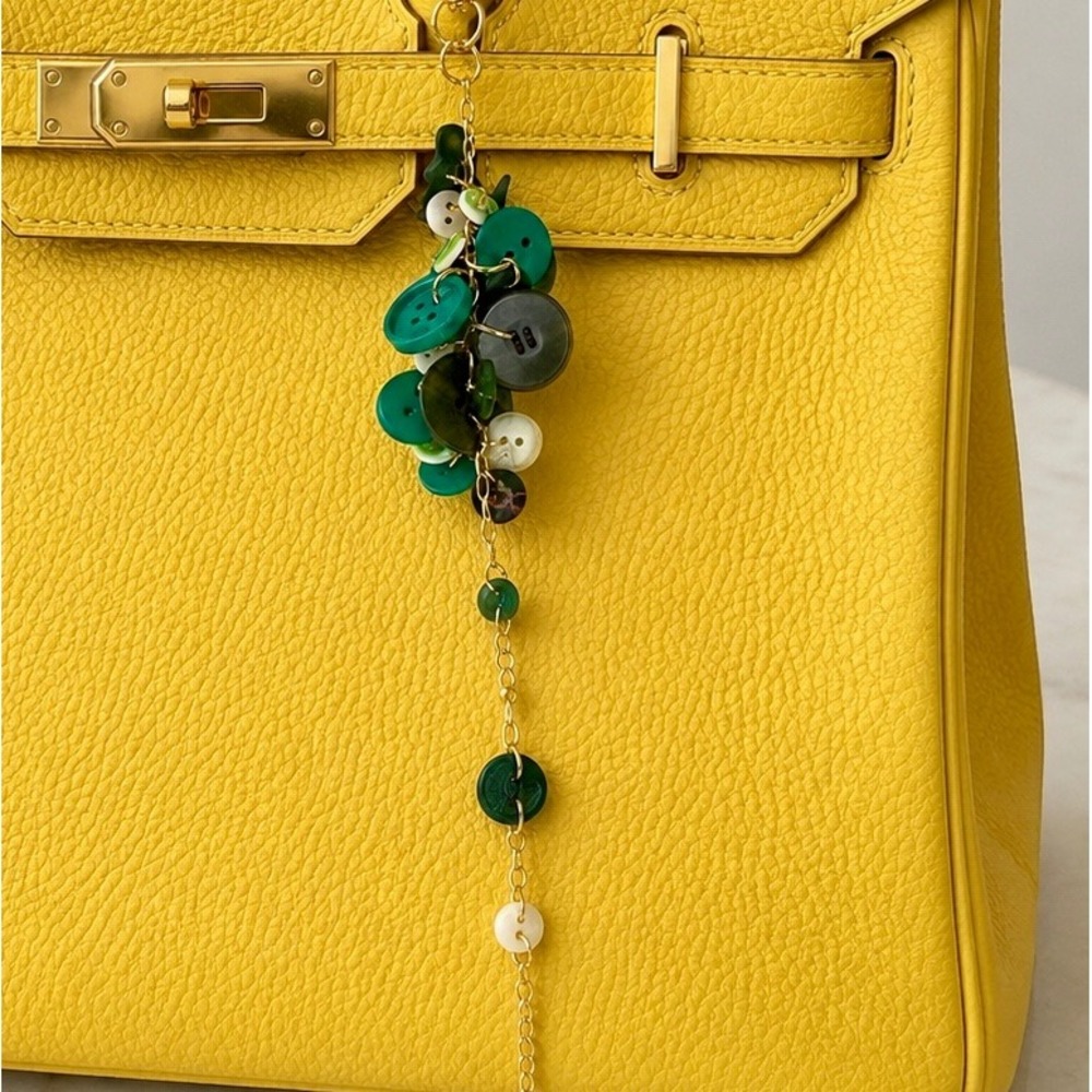 Handmade Green Button Bag Charm Dinosaur Accent Gold Tone Chain Whimsical 9.5in
